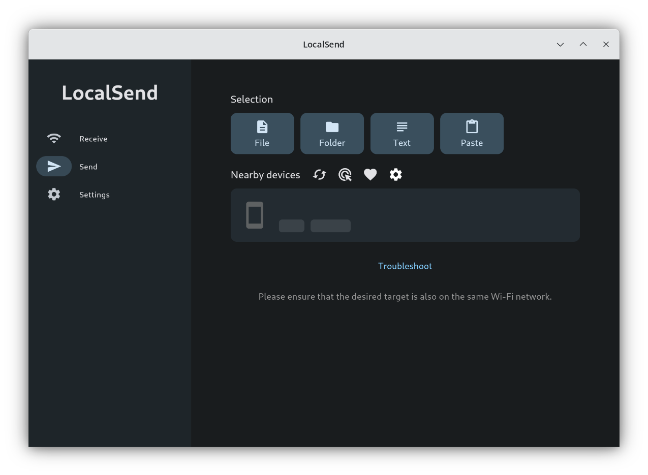 واجهة الإرسال في LocalSend مع أداء النقل - LocalSend.dev visual